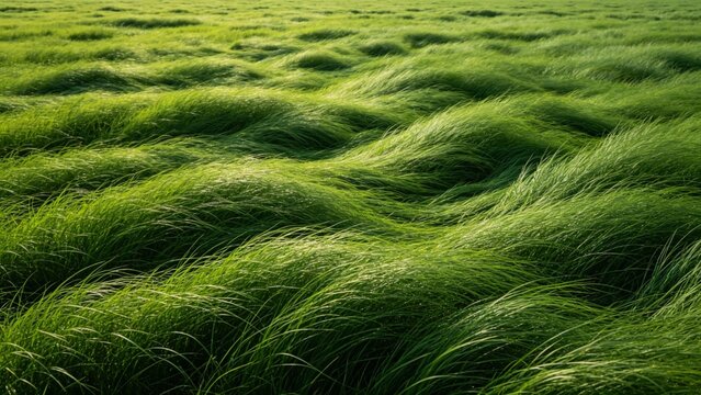 Lush wavy green grass field in sunlight with rich natural texture and flowing organic pattern