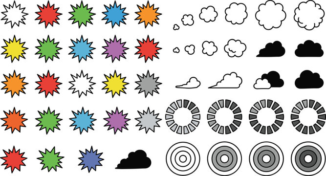 Comic Book Bursting Speech Bubble and Cloud Puff Icon Set with Loading Status Bars and Target Elements for Creative Graphic Designs