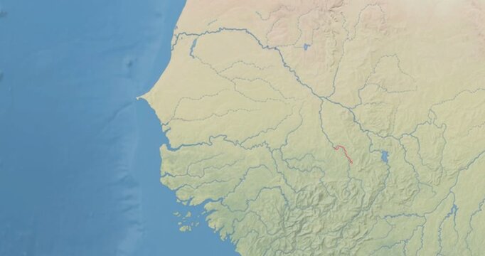 Senegal on Globe. Zoom into the country with Earth spinning on dark background. Physical world map with Senegal and label on it. Country view animation.