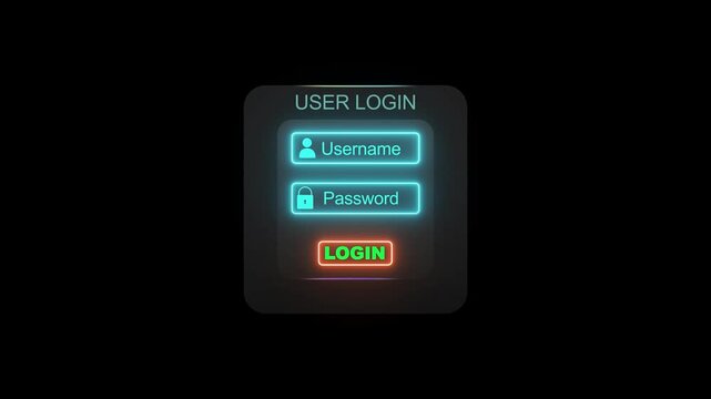 Animated to typing User name graphic log in form selects with password system token. Username and password input login screen with neon effects.