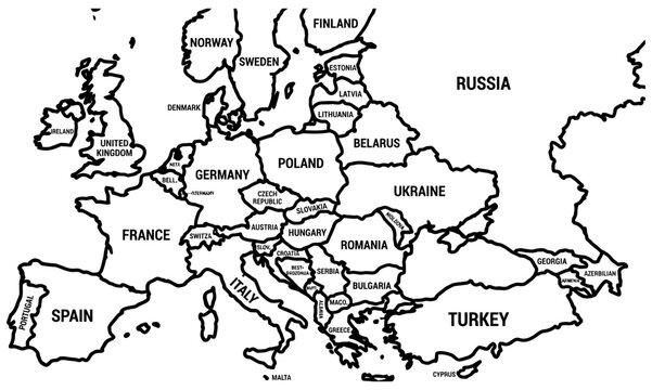 Detailed black and white line art illustration featuring the geographical borders of European countries with bold text labels for educational study purposes on transparent background