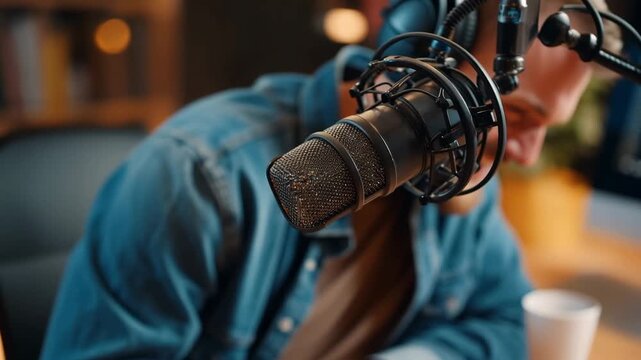 Man in headphones recording audio content for a podcast show in a home studio