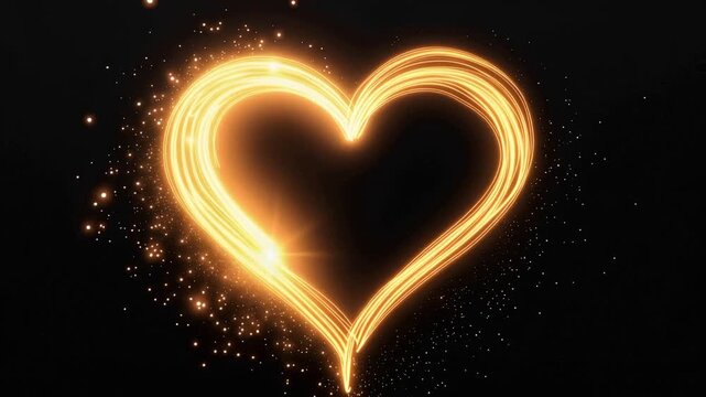 Glowing golden heart shape being drawn, radiant light trails, on black background, romantic elegance, luxury love and emotion concept, 4K video