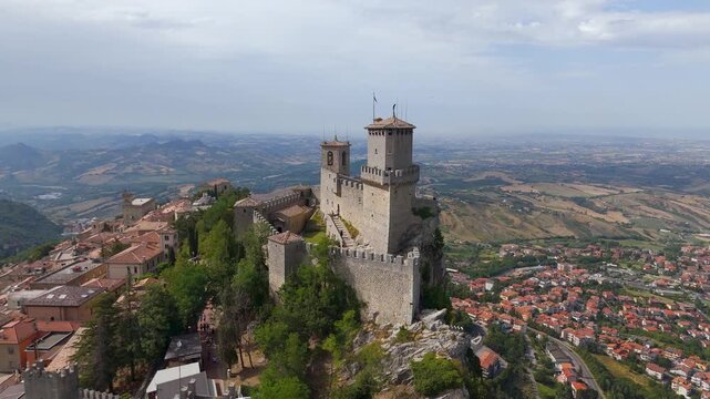 Aerial view of Cesta Tower on Monte Titano, San Marino