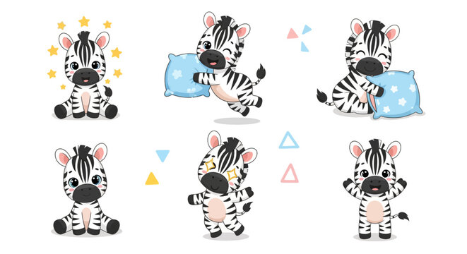Cute cartoon zebra character set in various poses and emotions, kawaii baby animal collection