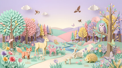 Pastel Papercraft Origami Forest Scene