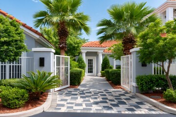 Naklejka premium Gated community entrance with palm trees and tropical landscaping