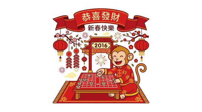 Cartoon monkey playing mahjong for Chinese New Year 2016.