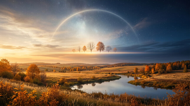 Surreal autumn nature landscape with split sunset field river and starry night sky dome mockup