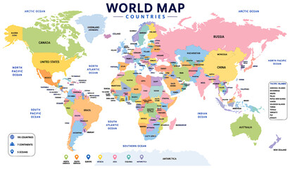 Detailed colorful world map featuring all sovereign nations with clear country names and ocean labels presented in a vibrant flat design style isolated on transparent background © Graphixa