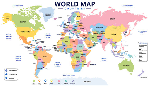 Detailed colorful world map featuring all sovereign nations with clear country names and ocean labels presented in a vibrant flat design style isolated on transparent background