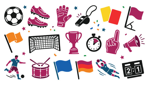 Soccer equipment and football fandom icon set for professional sports tournament branding