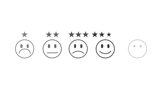 Customer feedback rating icons sad neutral happy faces with stars showing satisfaction levels on Motion graphic 4k animation video.