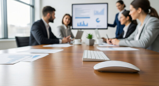 Wireless Mouse On Office Desk with Blurred Business Team in Background, Productivity Concept, Modern