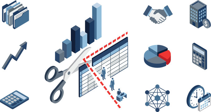 Isometric Business Cost Cutting Icon Set with Budget Reduction Downsizing Layout Charts Building Handshake and Financial Data Management Elements Vector