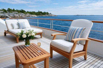 Obraz premium Yacht deck with teak furniture and ocean view