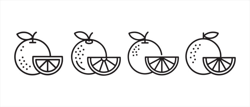 Set of simple orange fruit icons with slice line art style.