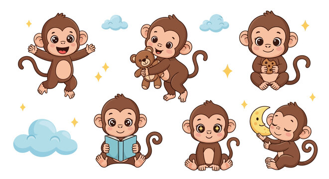 Cute Cartoon Monkey Set with Toys, Books, and Moon, Playful Collection