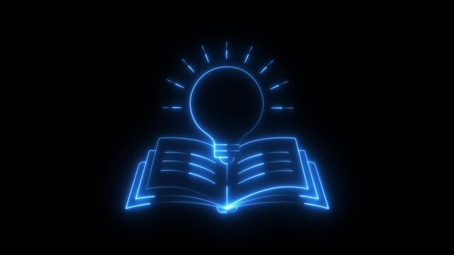 glowing neon knowledge icon Animation on Black background. Concept ideas inspiration video on transparent background.