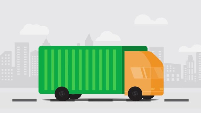 Animated delivery truck transporting a shipping container on the road, illustrating parcel delivery, logistics services, freight transportation, and modern supply chain operations.