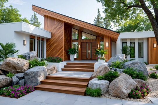 Modern luxury house entrance with wood facade and landscaping