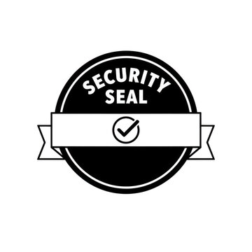 Black and white security seal with checkmark and banner