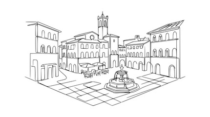 Obraz premium Italian Piazza Sketch: Fountain, Cafe, Old Buildings, Line Art Drawing