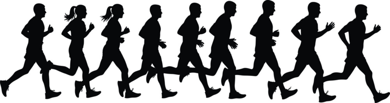 Dynamic black silhouettes of runners showing athletic stride progression, fitness training motion, human movement study, and energetic sports activity illustration