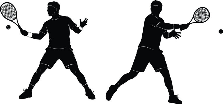 Dynamic black silhouette of two athletic male tennis players swinging rackets isolated on a white background vector