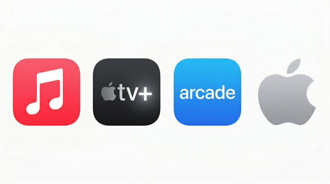 Apple services icons set. Apple Music, Apple TV Plus, and Apple Arcade logotype icons next to the Apple logo. Digital entertainment ecosystem interface elements. Editorial brand mockup. Modern flat.