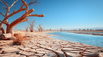 Obraz premium Cracked Dried Landscape with River and Bare Trees Under Blue Sky