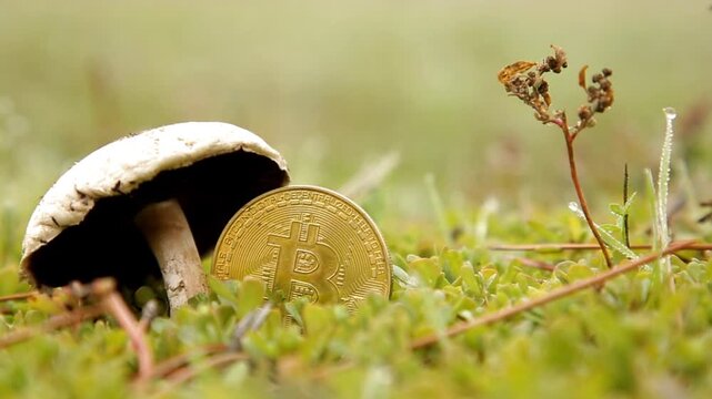 The main cryptocurrency, golden bitcoin under a mushroom in the grass, the growth of cryptocurrency like mushrooms