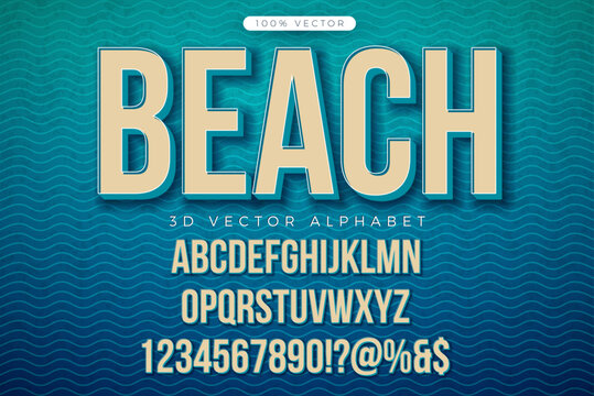 Vintage 3d Alphabet Font Set with Sand and Ocean Blue Beach Style Typography on Wavy Summer Holiday Background. Retro Typeface Design Collection with ABC, Number and Special Characters for Promotional