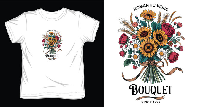 Romantic vibes bouquet flowers art illustration with sunflowers roses daisies and wheat.