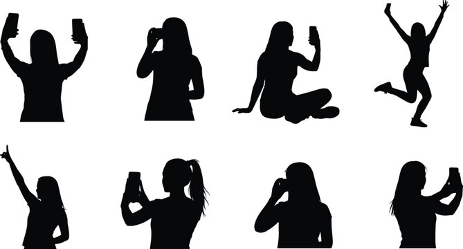 Vector collection of black female silhouettes using smartphones in various dynamic poses including taking selfies and jumping