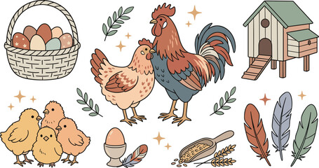 Cozy Farmhouse Chicken Coop Vector Set with Rooster, Hen, Cute Little Chicks, Basket of Eggs, Feathers, and Grain Scoop for Countryside Festive Designs © Rownok