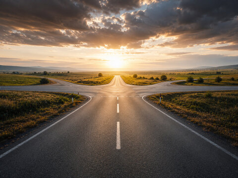 Highway Intersection Fork in Rural Landscape at Sunset