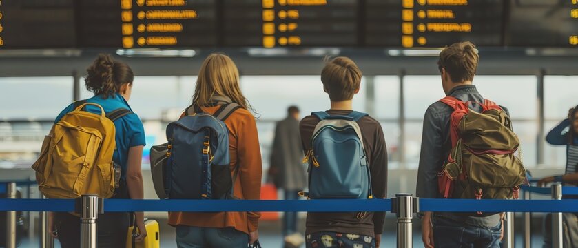 Group of travelers waiting at an airport.