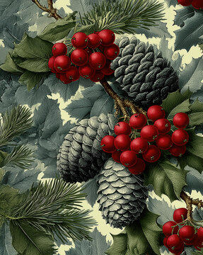 Vintage botanical illustration of winter foliage featuring red berries, pinecones, and holly leaves