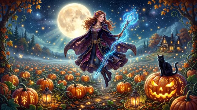 Magical halloween celebration enchanted pumpkin patch digital art spooky atmosphere whimsical viewpoint