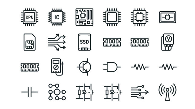 Set of black line icons representing electronic components microchips circuits and various hardware elements