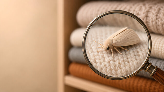Cartoon style 3D clothes moth on wool sweater, magnified wardrobe pest illustration