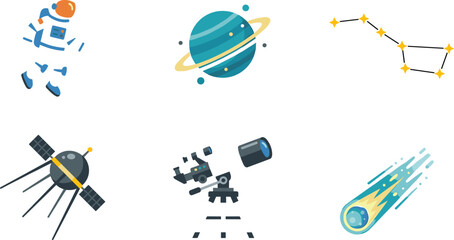 Flat Style Outer Space Astronomy Vector Icon Set Featuring Floating Astronaut, Ringed Planet, Star Constellation, Communication Satellite, Observatory Telescope, and Burning Comet © MstGulzan