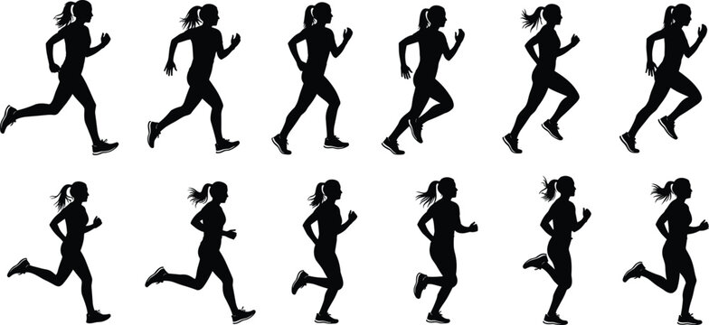 Silhouette illustration of ponytail runner stride cycle showing biomechanics, athletic motion, and dynamic human locomotion for design projects