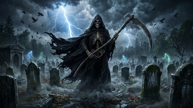 Halloween grim reaper emerges from stormy graveyard eerie atmosphere digital art spooky environment dark viewpoint