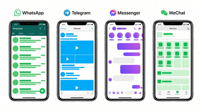 WhatsApp, Telegram, Messenger and WeChat mockup. Set screen social media and network interface template. Editorial mobile app homepage, chat, feed and discover views. Light mode brand logotype icons.