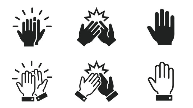 Set of black and white hand gesture icons including high five symbols and open palm shapes
