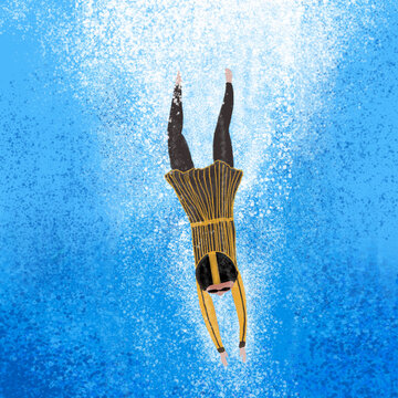Minimalist Hand-Drawn Illustration of a Synchronized Swimmer Diving Top-Down View
