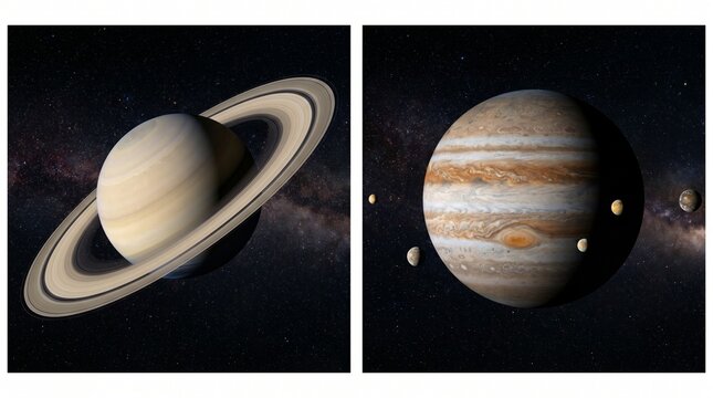 Saturn and jupiter planets in space with moons and rings astronomy