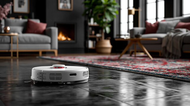 A small size of robot cleaner cleaning in the living room black color tone.